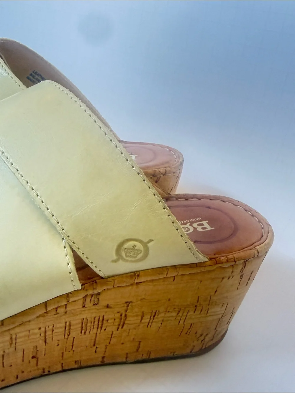 Born Cream Leather Cork Wedge Slide Sandals